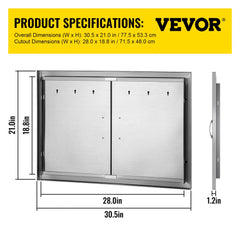 Outdoor Kitchen Access 30.5"X 21" Wall Construction Stainless Steel Flush Mount for BBQ Island, 30.5inch x 21inch, Double Door