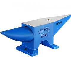 Blue 66 lb steel horn anvil with forged blacksmith design and Vevor branding.