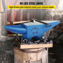Blue 66 lb steel horn anvil with Agiao MD-300 branding on a wooden base.