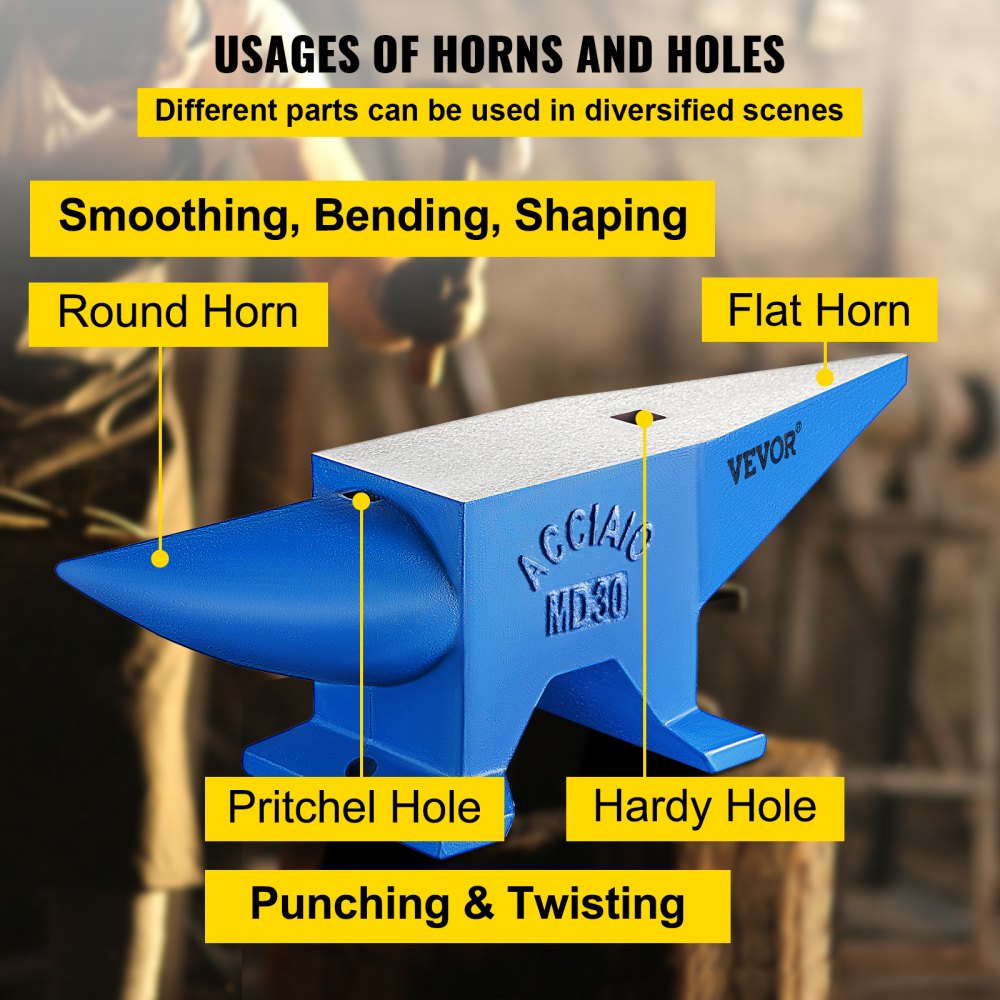 Blue 66 lb steel horn anvil with round horn, flat horn, pritchel hole, and hardy hole for blacksmithing.