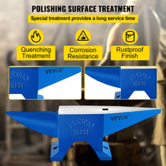 Blue 66 lb VEVOR steel horn anvil with polishing, quenching, corrosion resistance, and rustproof features.