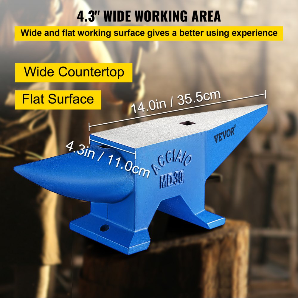 Blue 66 lb steel horn anvil with 14-inch wide flat working surface and 4.3-inch depth.