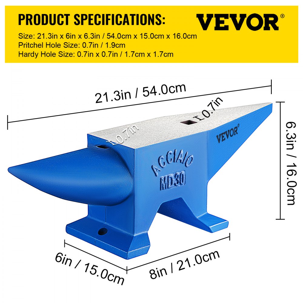 Blue 66 lb steel horn anvil with dimensions 21 in x 6 in x 8 in and hardy hole.