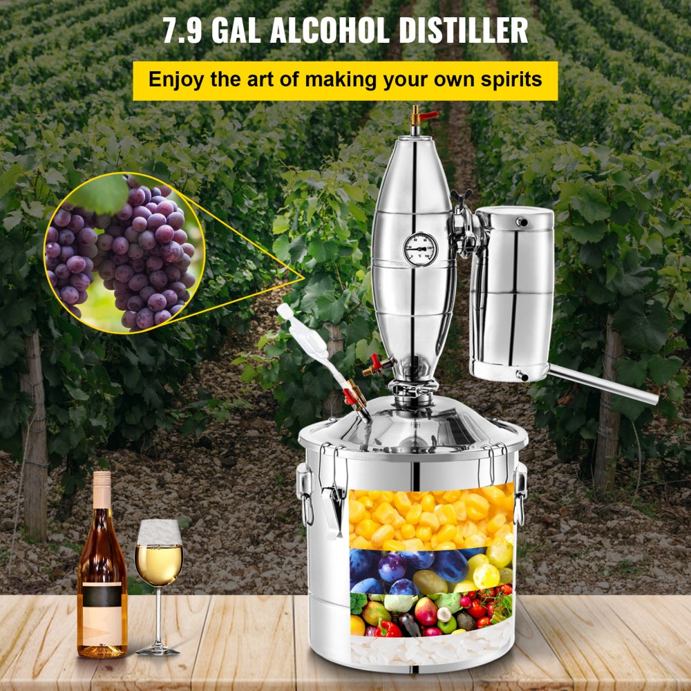 30L 7.9Gal Water Alcohol Distiller 304 Stainless Steel Alcohol Distiller Home Kit Moonshine Wine Making Boiler with Thermometer (30L Distiller)