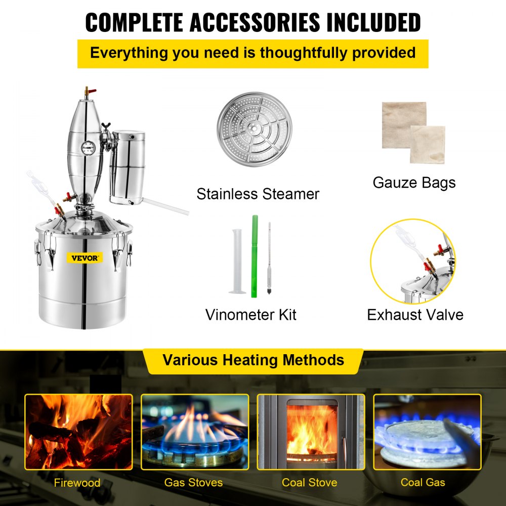 30L 7.9Gal Water Alcohol Distiller 304 Stainless Steel Alcohol Distiller Home Kit Moonshine Wine Making Boiler with Thermometer (30L Distiller)