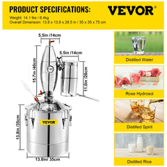 30L 7.9Gal Water Alcohol Distiller 304 Stainless Steel Alcohol Distiller Home Kit Moonshine Wine Making Boiler with Thermometer (30L Distiller)