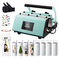 Bostome tumbler heat press machine in teal with black handles, digital display, heat-resistant gloves, blank 20oz tumblers, and accessories.