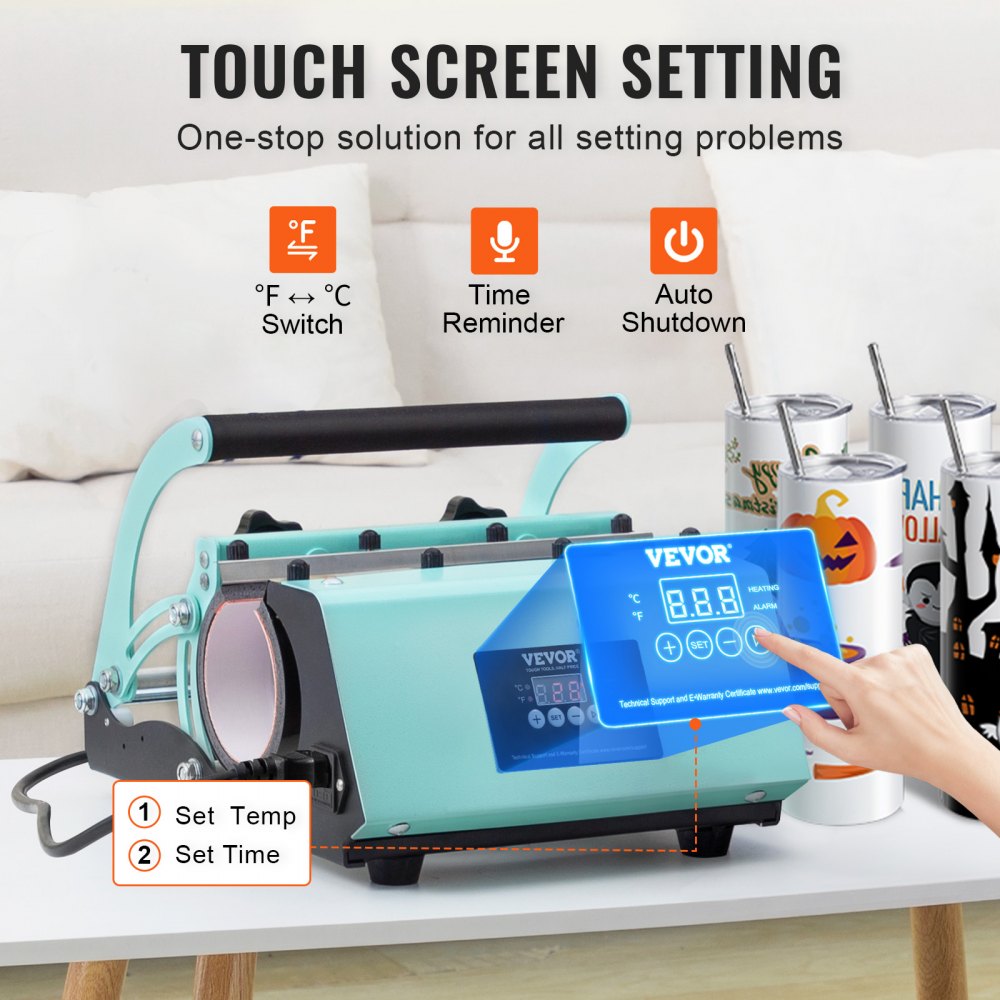 Bostome tumbler heat press machine in teal with touchscreen, adjustable cradle, and 8 blank 20oz tumblers.