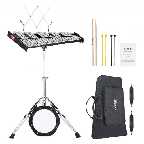 30 Note Glockenspiel Xylophone Bell Kit, Professional Percussion Instrument Set with Mallets, Drum Sticks, Music Stand,  8" Practice Pad, Adjustable Stand and Carrying Bag for Students & Adults