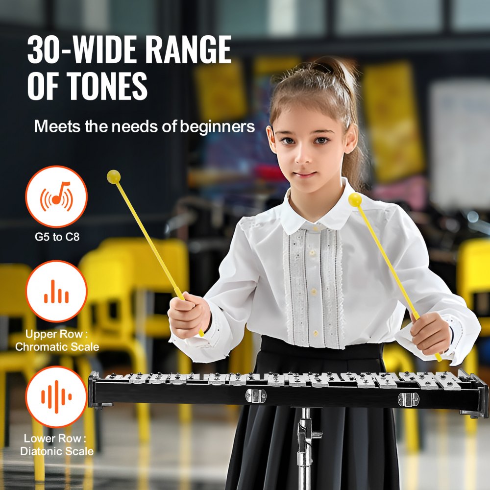 30 Note Glockenspiel Xylophone Bell Kit, Professional Percussion Instrument Set with Mallets, Drum Sticks, Music Stand,  8" Practice Pad, Adjustable Stand and Carrying Bag for Students & Adults