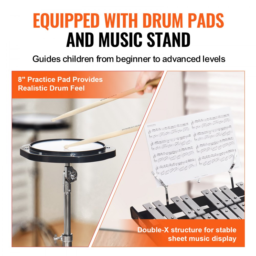 30 Note Glockenspiel Xylophone Bell Kit, Professional Percussion Instrument Set with Mallets, Drum Sticks, Music Stand,  8" Practice Pad, Adjustable Stand and Carrying Bag for Students & Adults