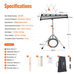 30 Note Glockenspiel Xylophone Bell Kit, Professional Percussion Instrument Set with Mallets, Drum Sticks, Music Stand,  8" Practice Pad, Adjustable Stand and Carrying Bag for Students & Adults