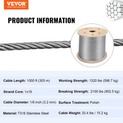 T316 Stainless Steel Cable, 1/8`` x 1000 ft, Braided Aircraft Wire Rope with 1x19 Strands Construction, 2100 lbs Breaking Strength, for Deck Railing Stair Handrail Balusters Porch Fence