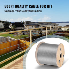 1/8 Stainless Steel Cable Railing 500ft, Wire Rope 316 Marine Grade, Braided Aircraft Cable 7x7 Strands Construction for Deck Rail Balusters Stair Handrail Porch Fence