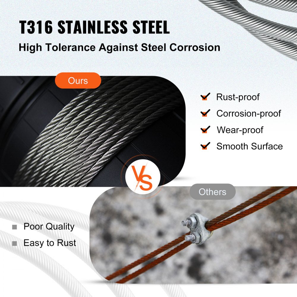 1/8 Stainless Steel Cable Railing 500ft, Wire Rope 316 Marine Grade, Braided Aircraft Cable 7x7 Strands Construction for Deck Rail Balusters Stair Handrail Porch Fence