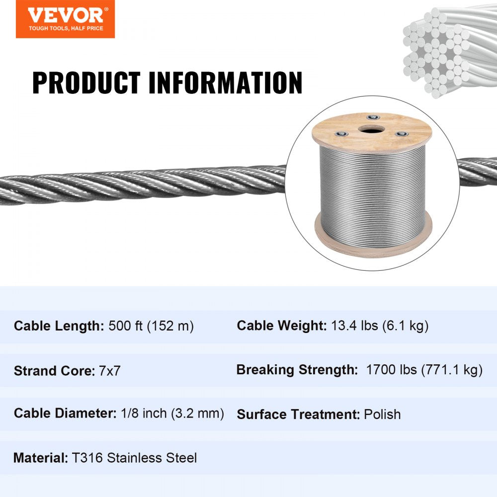 1/8 Stainless Steel Cable Railing 500ft, Wire Rope 316 Marine Grade, Braided Aircraft Cable 7x7 Strands Construction for Deck Rail Balusters Stair Handrail Porch Fence