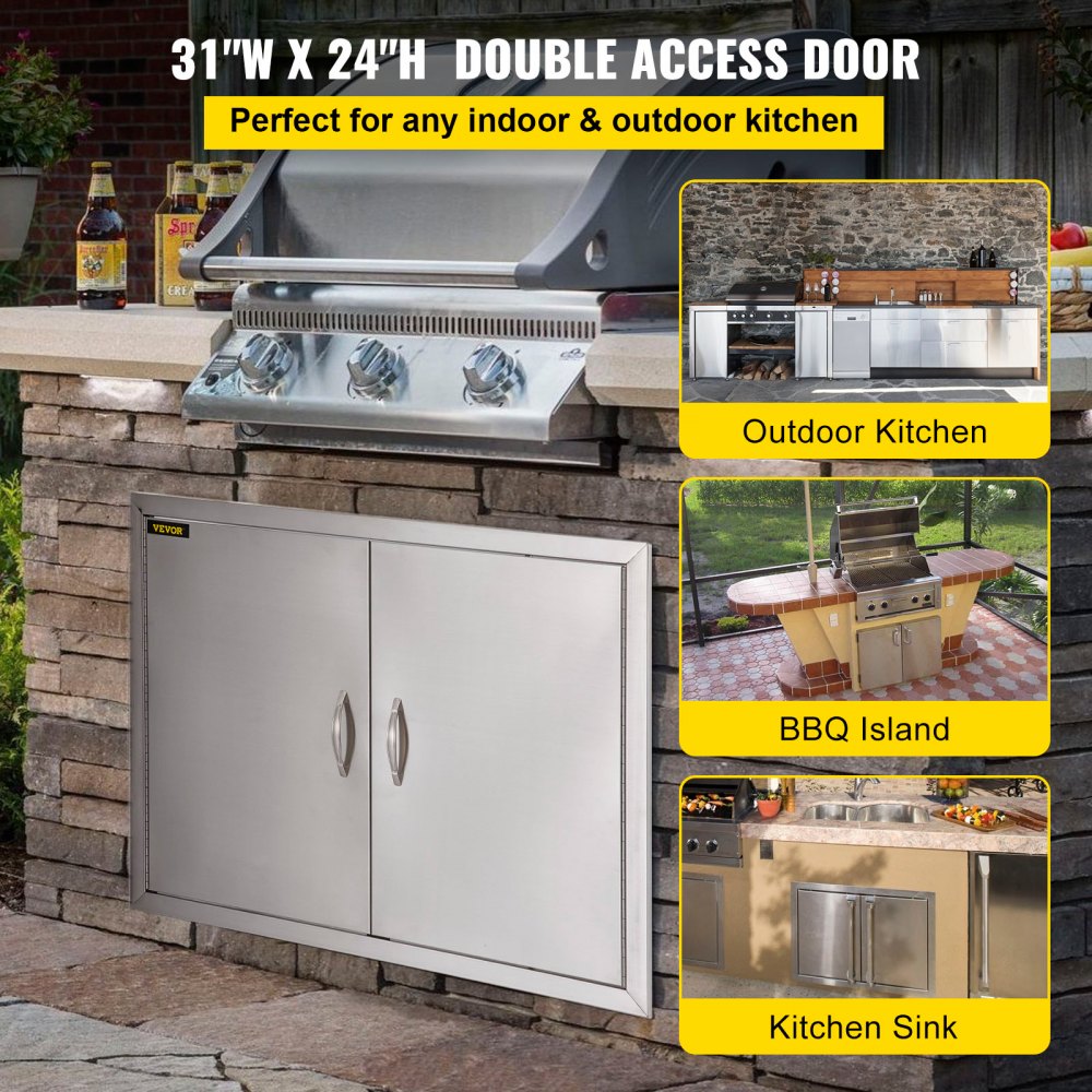 BBQ Double Access Door 31W x 24H Inch, BBQ Door Stainless Steel Wall Construction Vertical, Outdoor Kitchen Door for BBQ Island, Grilling Station, Outside Cabinet Door (Interior Shelves Not Included)