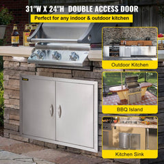 BBQ Double Access Door 31W x 24H Inch, BBQ Door Stainless Steel Wall Construction Vertical, Outdoor Kitchen Door for BBQ Island, Grilling Station, Outside Cabinet Door (Interior Shelves Not Included)