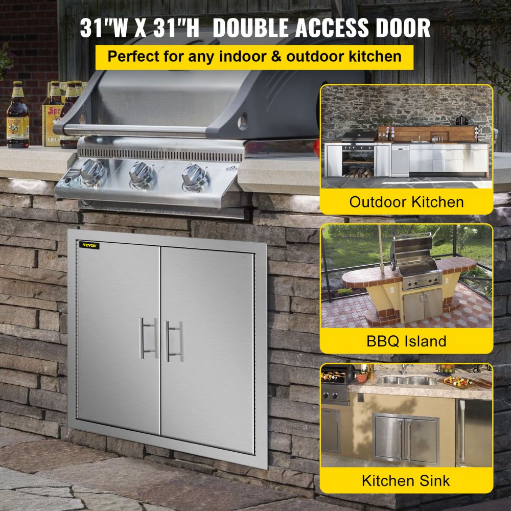 31 Inch BBQ Access Door 304 Stainless Steel BBQ Island 31W x 31H Inchs Double Door with Paper Towel Holder for Outdoor Kitchen