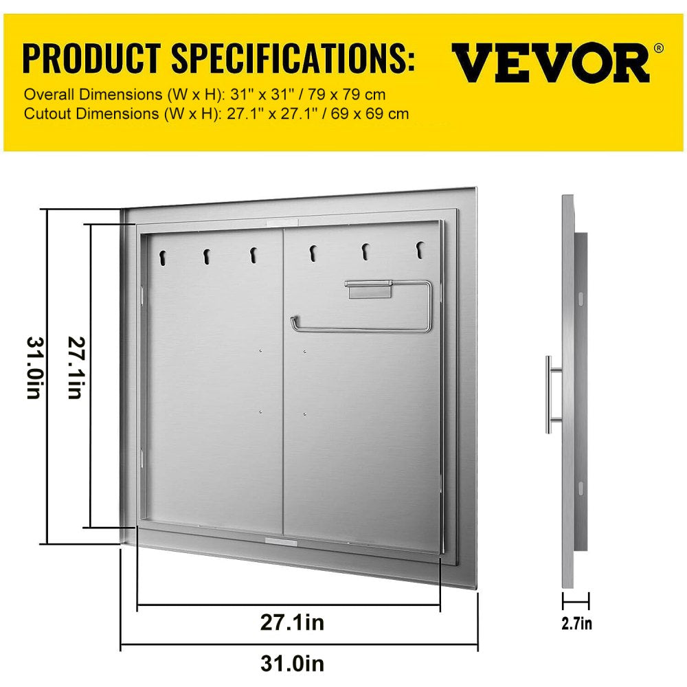 31 Inch BBQ Access Door 304 Stainless Steel BBQ Island 31W x 31H Inchs Double Door with Paper Towel Holder for Outdoor Kitchen