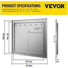 31 Inch BBQ Access Door 304 Stainless Steel BBQ Island 31W x 31H Inchs Double Door with Paper Towel Holder for Outdoor Kitchen