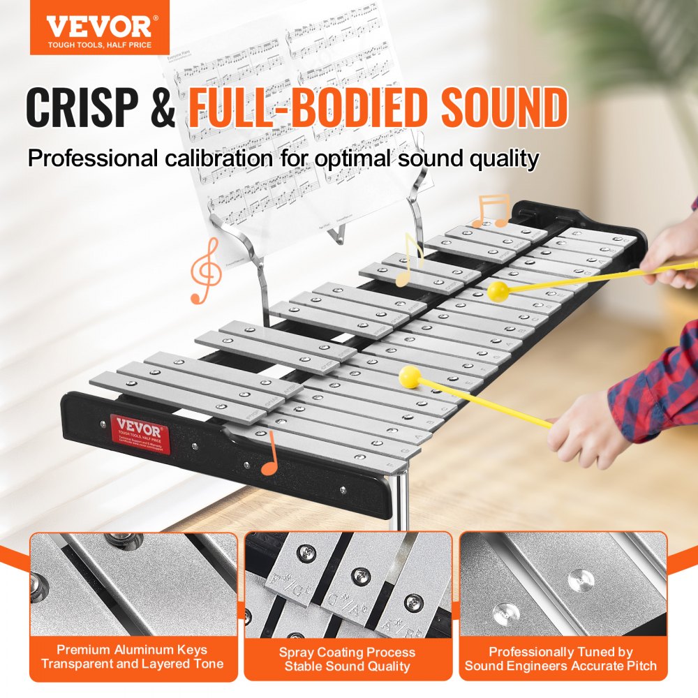 32 Note Glockenspiel Xylophone Bell Kit, Professional Percussion Instrument Set with Mallets, Drum Sticks, Music Stand,  8" Practice Pad, Adjustable Stand and Carrying Bag for Students & Adults