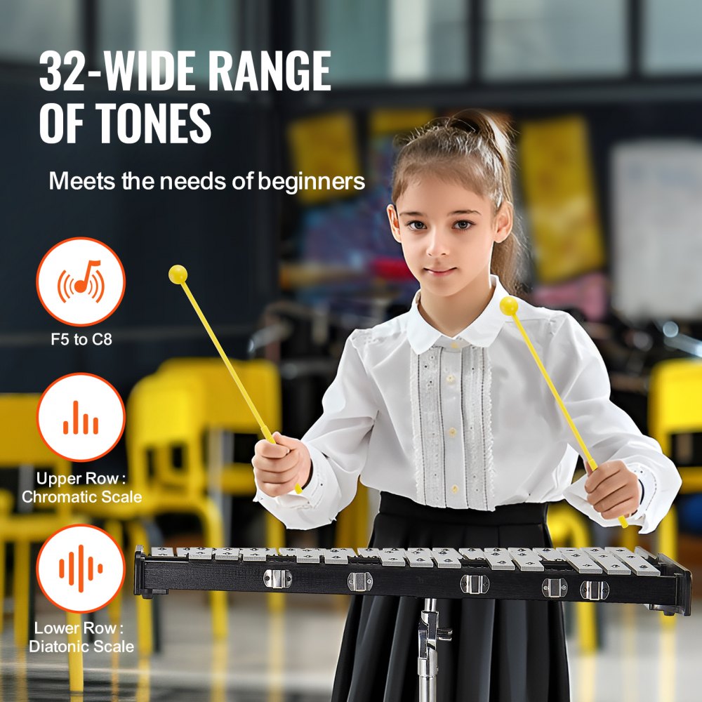32 Note Glockenspiel Xylophone Bell Kit, Professional Percussion Instrument Set with Mallets, Drum Sticks, Music Stand,  8" Practice Pad, Adjustable Stand and Carrying Bag for Students & Adults