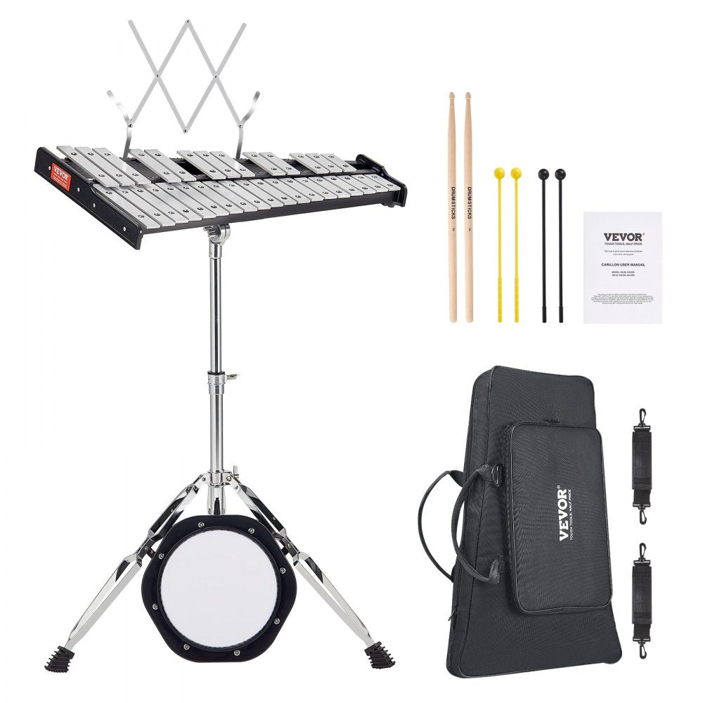 32 Note Glockenspiel Xylophone Bell Kit, Professional Percussion Instrument Set with Mallets, Drum Sticks, Music Stand,  8" Practice Pad, Adjustable Stand and Carrying Bag for Students & Adults