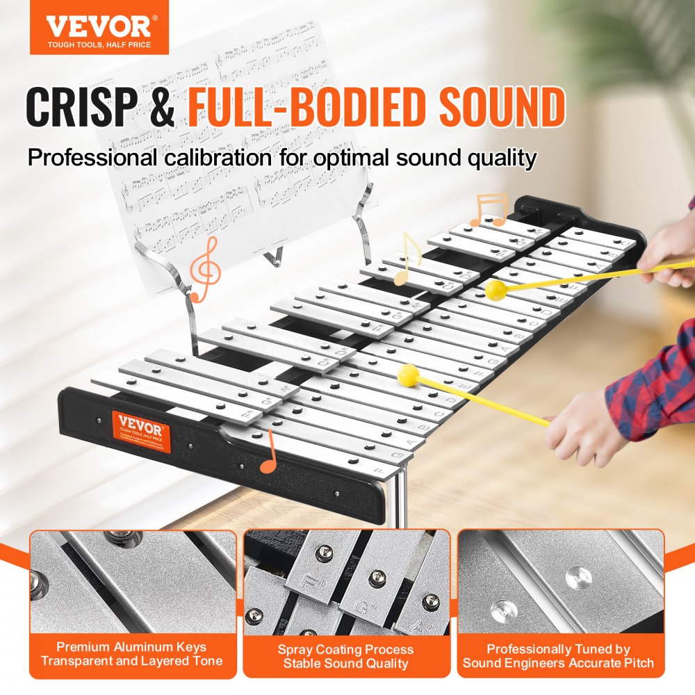 32 Note Glockenspiel Xylophone Bell Kit, Professional Percussion Instrument Set with Mallets, Drum Sticks, Music Stand, Adjustable Stand and Carrying Bag for Students & Adults