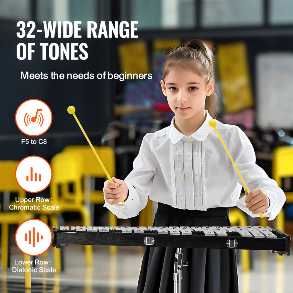 32 Note Glockenspiel Xylophone Bell Kit, Professional Percussion Instrument Set with Mallets, Drum Sticks, Music Stand, Adjustable Stand and Carrying Bag for Students & Adults