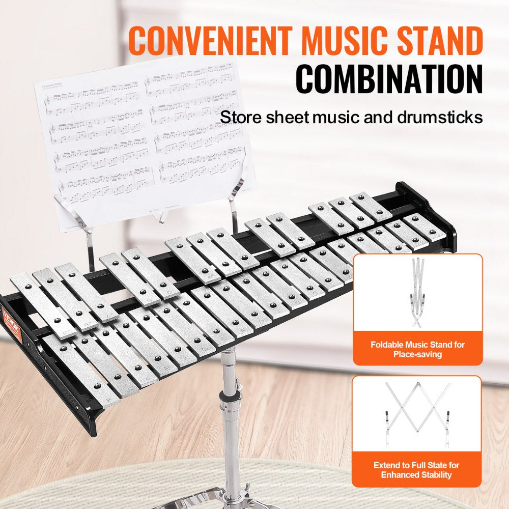 32 Note Glockenspiel Xylophone Bell Kit, Professional Percussion Instrument Set with Mallets, Drum Sticks, Music Stand, Adjustable Stand and Carrying Bag for Students & Adults