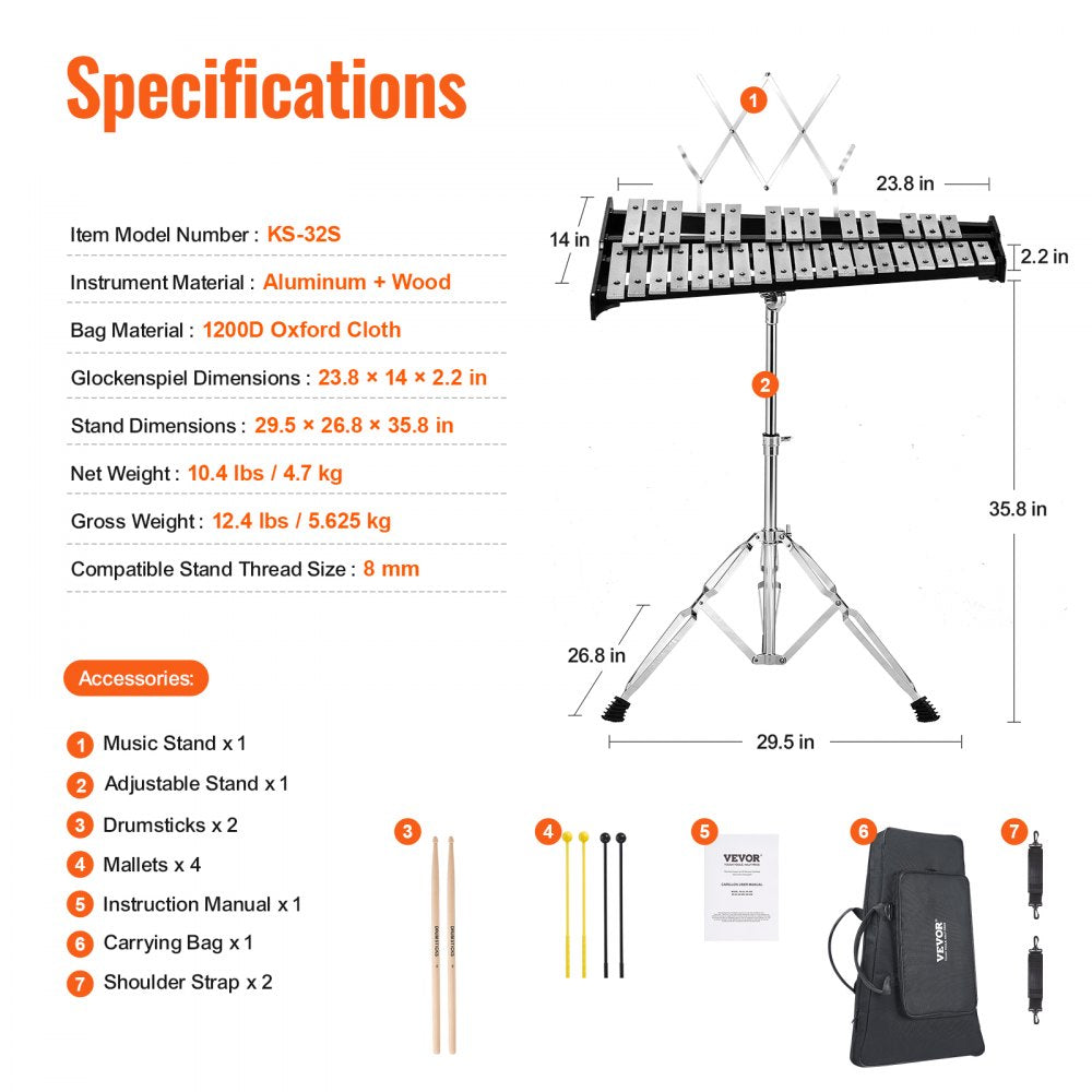 32 Note Glockenspiel Xylophone Bell Kit, Professional Percussion Instrument Set with Mallets, Drum Sticks, Music Stand, Adjustable Stand and Carrying Bag for Students & Adults