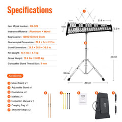 32 Note Glockenspiel Xylophone Bell Kit, Professional Percussion Instrument Set with Mallets, Drum Sticks, Music Stand, Adjustable Stand and Carrying Bag for Students & Adults
