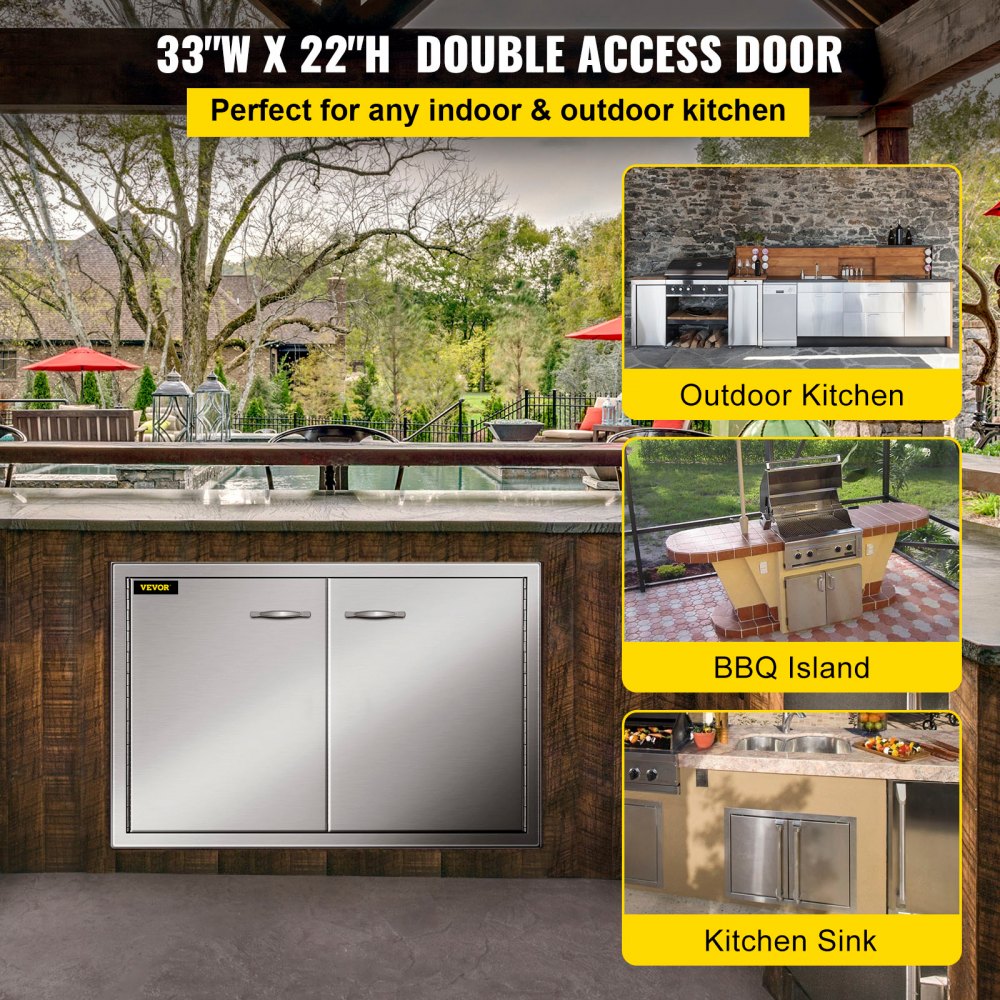 BBQ Access Door 33W x 22H Inch, Double BBQ Door Stainless Steel, Outdoor Kitchen Doors for BBQ Island, Grilling Station, Outside Cabinet