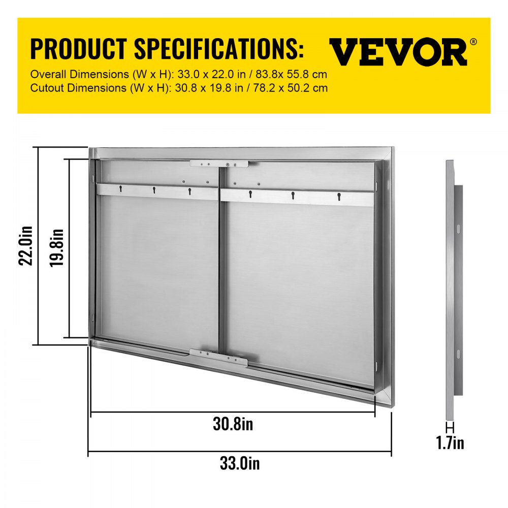 BBQ Access Door 33W x 22H Inch, Double BBQ Door Stainless Steel, Outdoor Kitchen Doors for BBQ Island, Grilling Station, Outside Cabinet