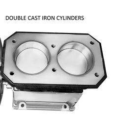 Bostome 3HP air compressor head pump with twin cylinders and oil viewing window.