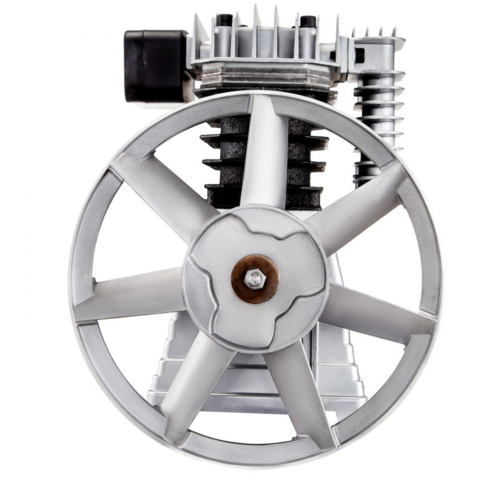 Bostome 3HP air compressor head pump with twin cylinders and oil viewing window.