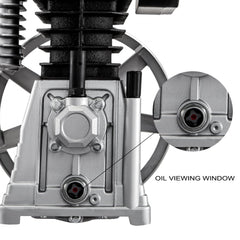 Bostome 3HP air compressor head pump with twin cylinders and oil viewing window for efficient use.