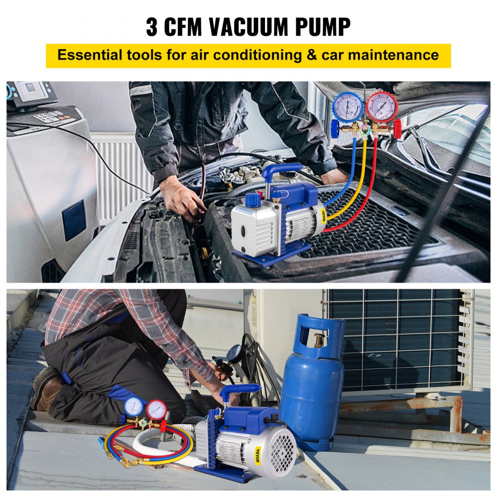 3CFM 1/4HP Single Stage Air Vacuum Pump HVAC R134a R12 R22 R410a A/C Refrigeration Kit AC Manifold Gauge R134 Can Tap Included Carrying Tote