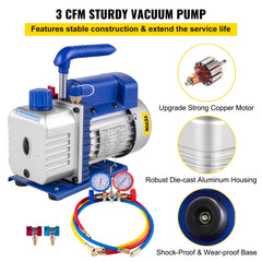 3CFM 1/4HP Single Stage Air Vacuum Pump HVAC R134a R12 R22 R410a A/C Refrigeration Kit AC Manifold Gauge R134 Can Tap Included Carrying Tote