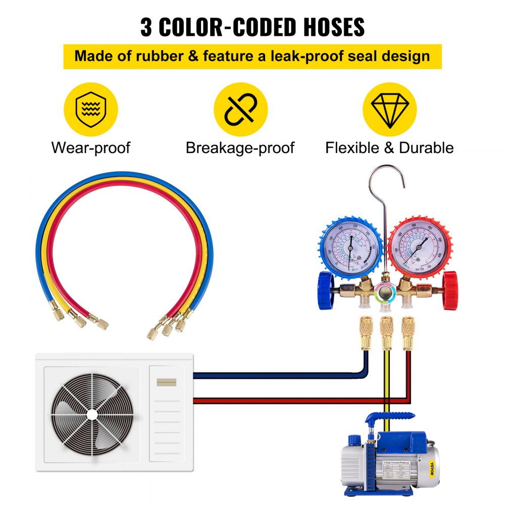 3CFM 1/4HP Single Stage Air Vacuum Pump HVAC R134a R12 R22 R410a A/C Refrigeration Kit AC Manifold Gauge R134 Can Tap Included Carrying Tote