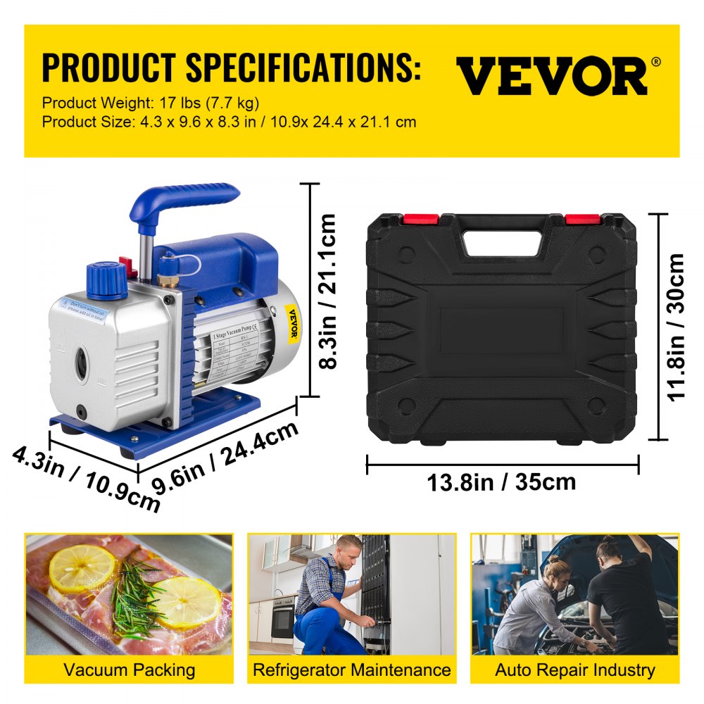 3CFM 1/4HP Single Stage Air Vacuum Pump HVAC R134a R12 R22 R410a A/C Refrigeration Kit AC Manifold Gauge R134 Can Tap Included Carrying Tote