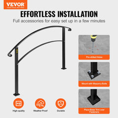 Black wrought iron handrail for 3 outdoor steps with adjustable height.