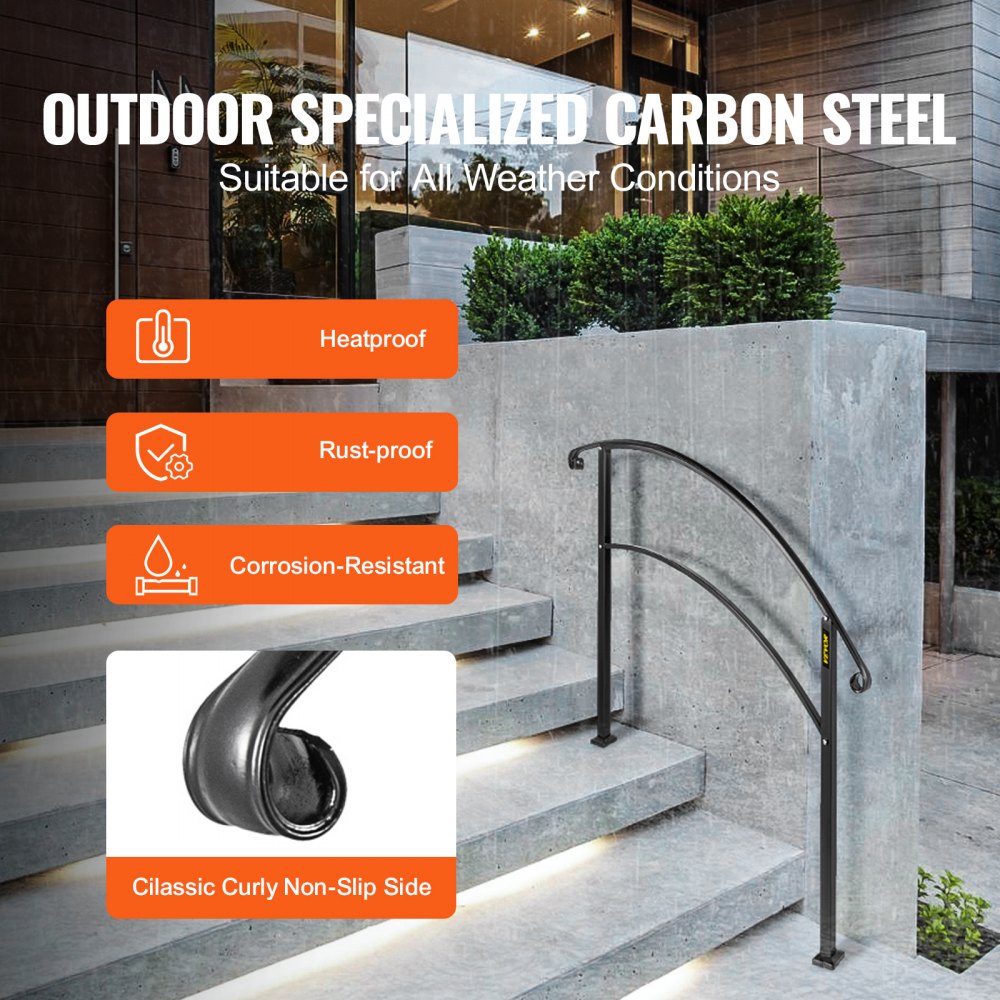 Black wrought iron handrail for 3 outdoor steps with adjustable height.