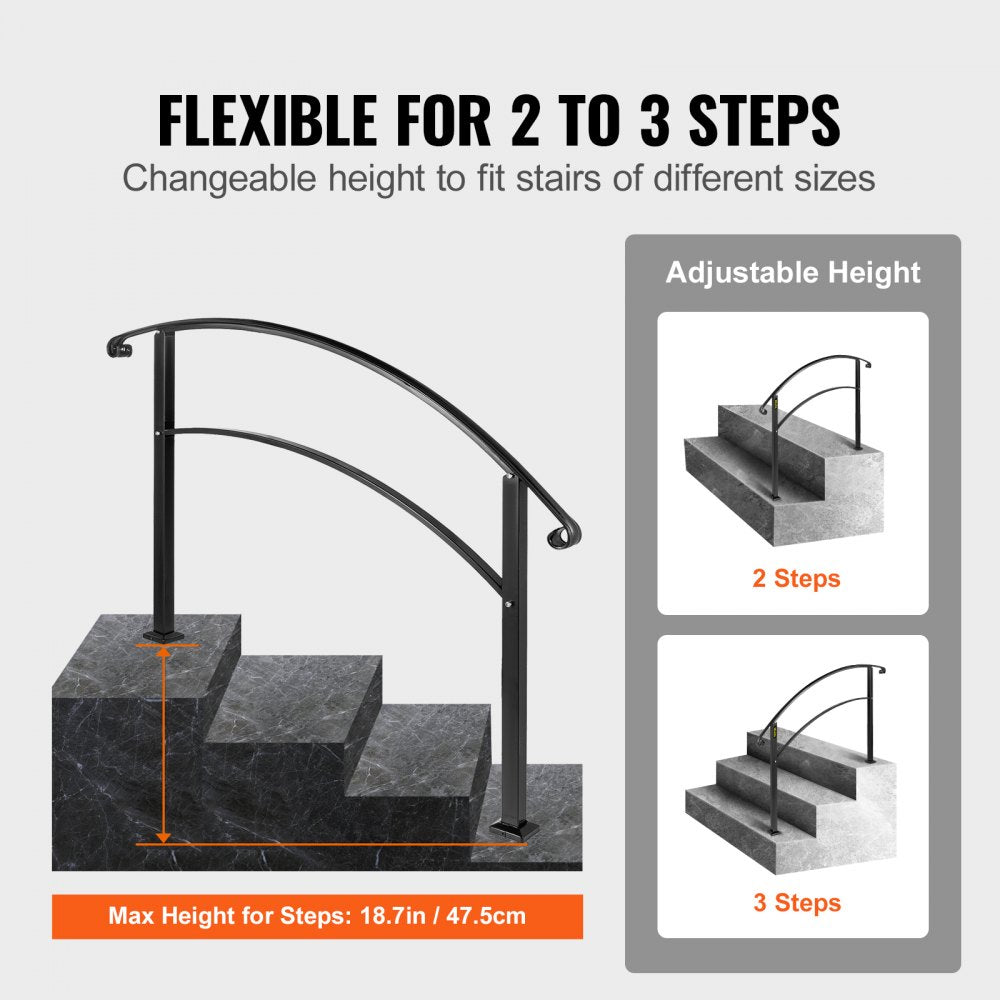 Black wrought iron handrail for 3 outdoor steps with adjustable height.