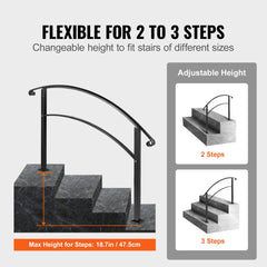Black wrought iron handrail for 3 outdoor steps with adjustable height.