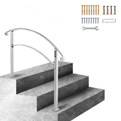 White wrought iron handrail with curved design for three outdoor concrete steps and assembly hardware.