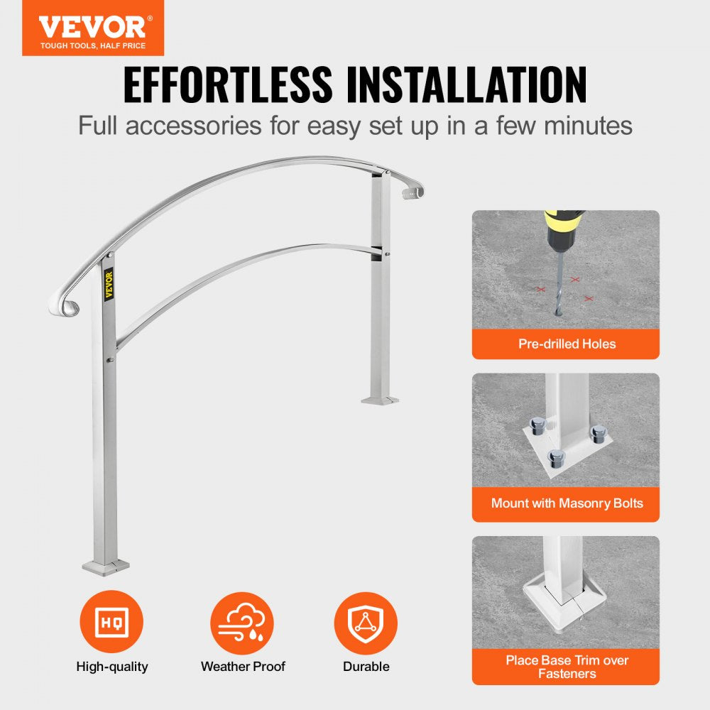 White wrought iron handrail for 3 outdoor steps with adjustable height and easy installation.