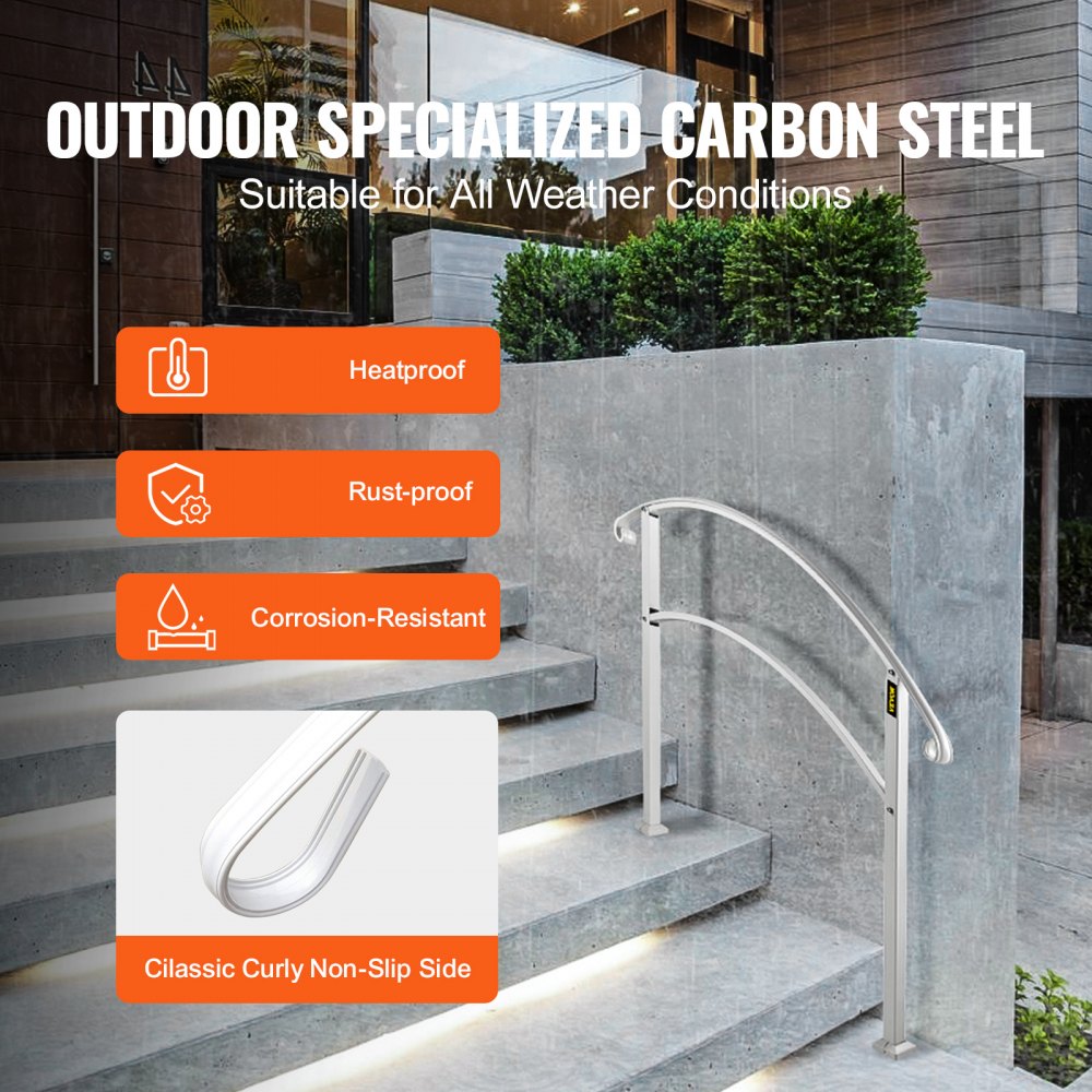 White wrought iron handrail with three steps, rustproof and adjustable height for outdoor use.
