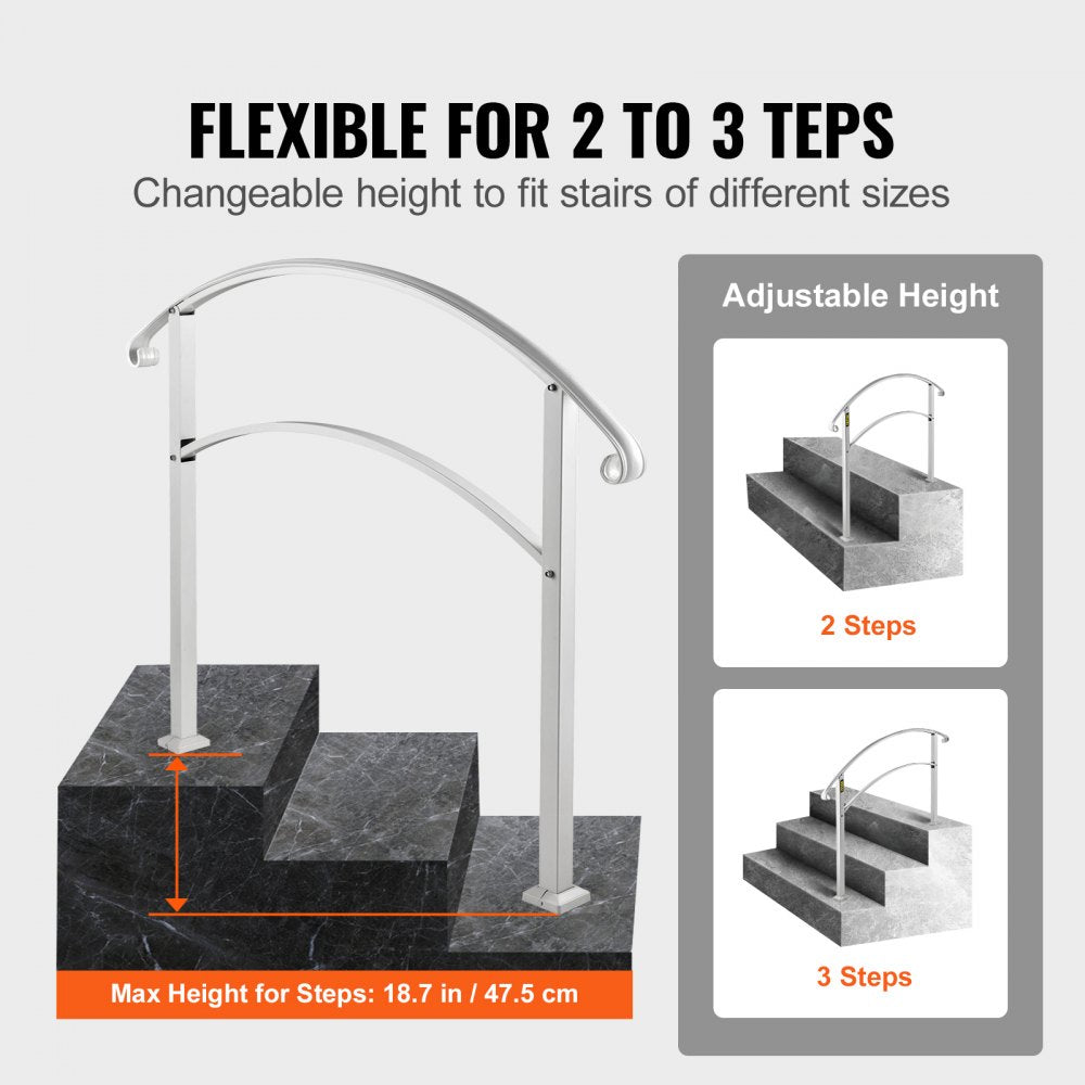 White wrought iron handrail adjustable for 2 to 3 outdoor steps with curved top rail.